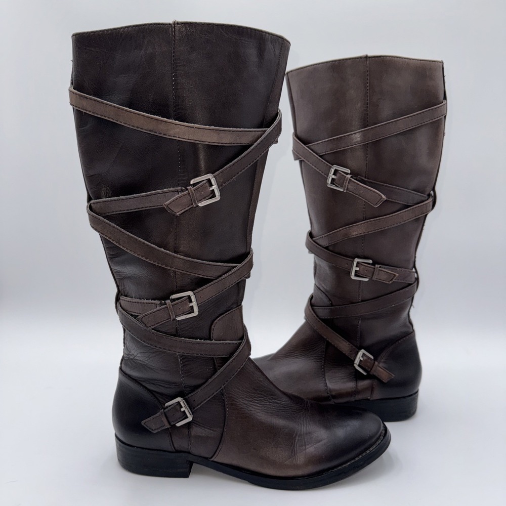 Arturo Chiang Dark Brown Tall Riding Boots Straps Buckles Women's Size 8.5 M
